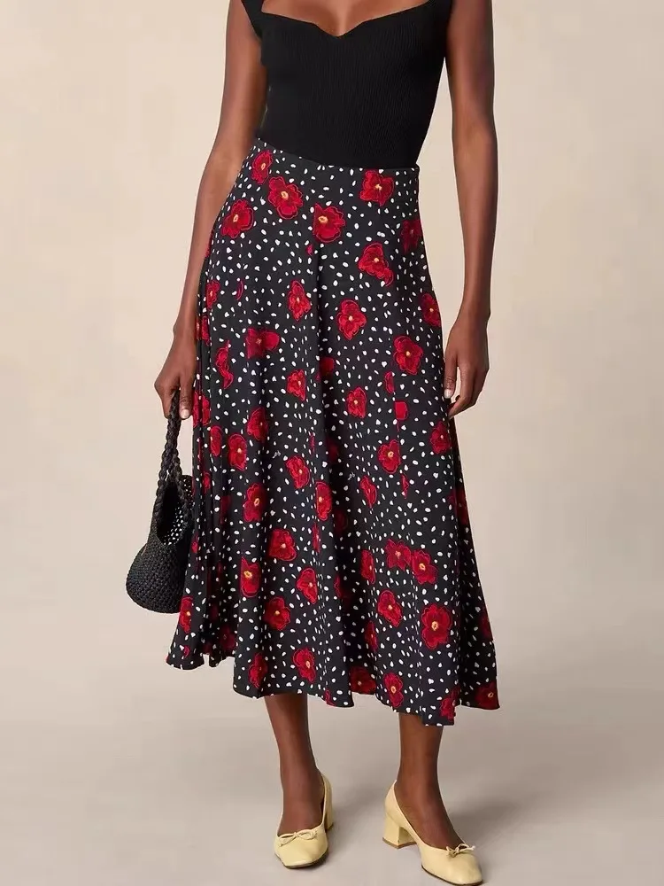 

Summer New 2024 Women A-Line Casual Midi Skirt Zipper High Waist Vintage Print Fashion Jupe for Ladies