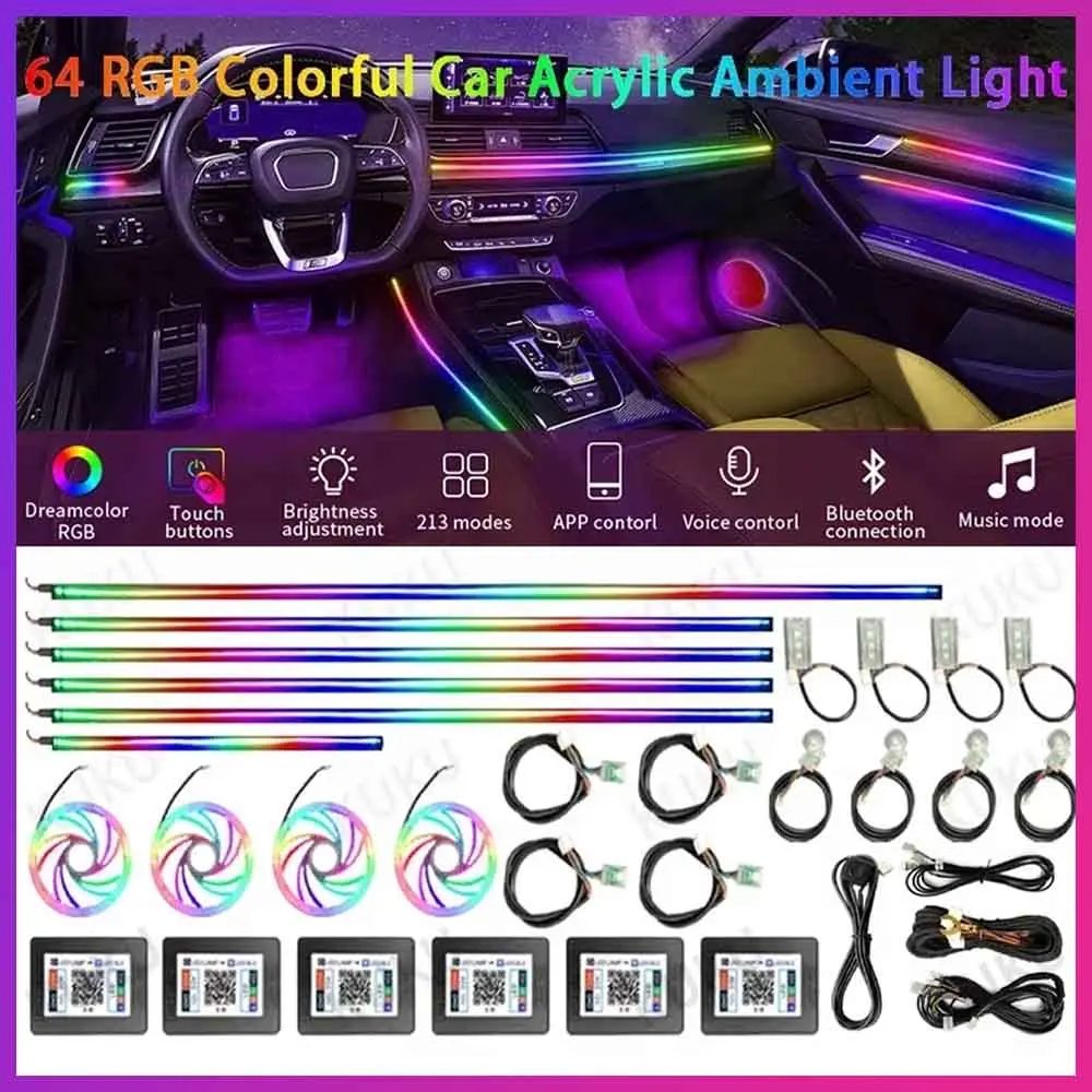 

Car LED Ambient Lighting Kit Acrylic Universal Colorful Atmosphere Lights 64 RGB Lighting Auto Interior Neon Strip App Control