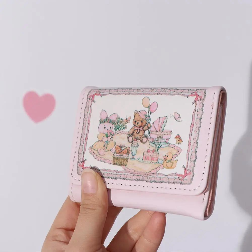 Cute Picnic Three Fold Wallet Spring Short Multi-card Position Wallet Cash Bag Korean Style Rabbit Bear Purse Bag Daily