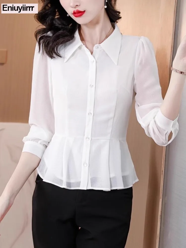 مكتب سيدة قمصان بيضاء شيك كوريا موضة ملابس طويلة الأكمام أساسيات العمل النساء الكشكشة بيبلوم بلايز البلوزات