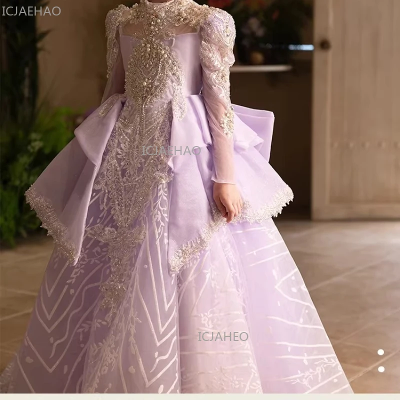 Purple Girls Birthday Princess Dress Tulle Host Piano Performance Gown Long Train Pageant Formal Children Celebration Outfit