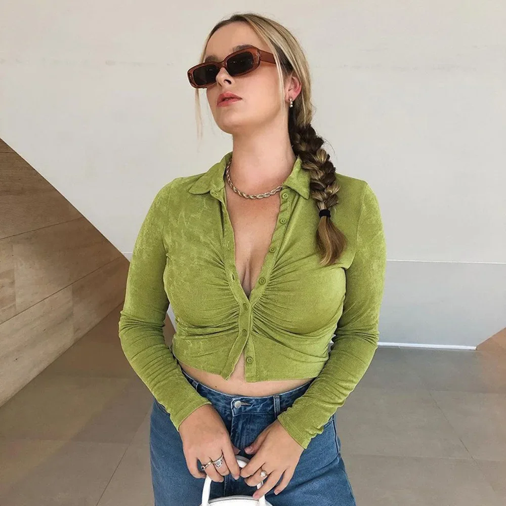 2024 Spring Street Clothing New Fashion Sexy Spicy Girl Slim Fit Cardigan Flip Collar Long sleeved Shirt Top for Women YBF22-3