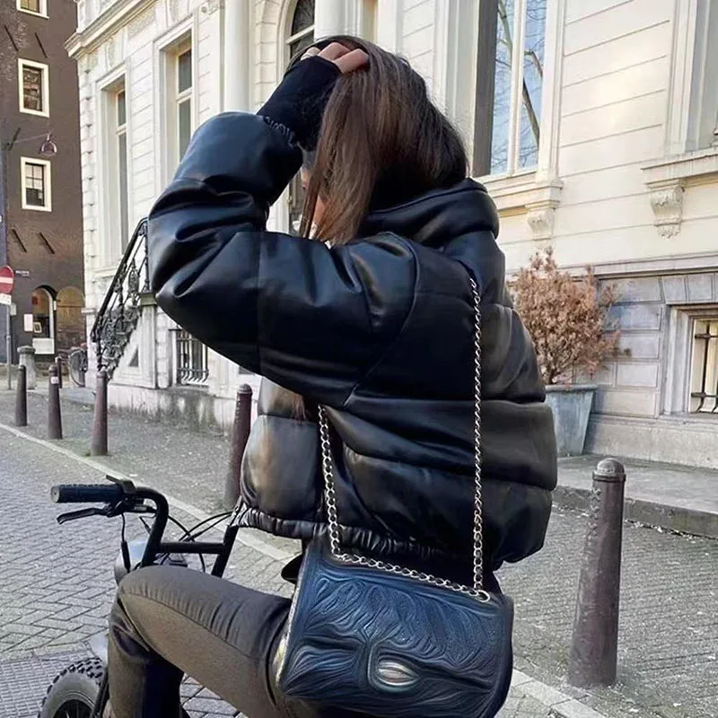 Winter New European and American Wind Leather Cotton Clothes Women's Standing Collar Short Warm Bread Clothes Cotton Clothes Mot