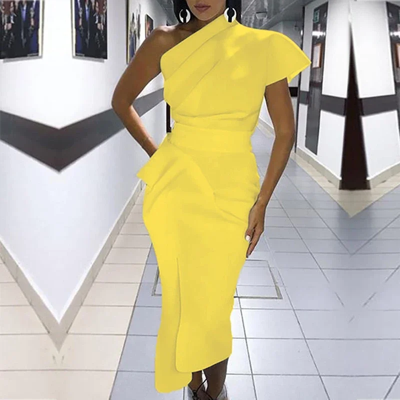 

Sexy One Shoulder Ruched Formal Party Dress Women Elegant Solid Yellow Cocktail Midi Dresses Black Asymmetrical Vestiti Donna