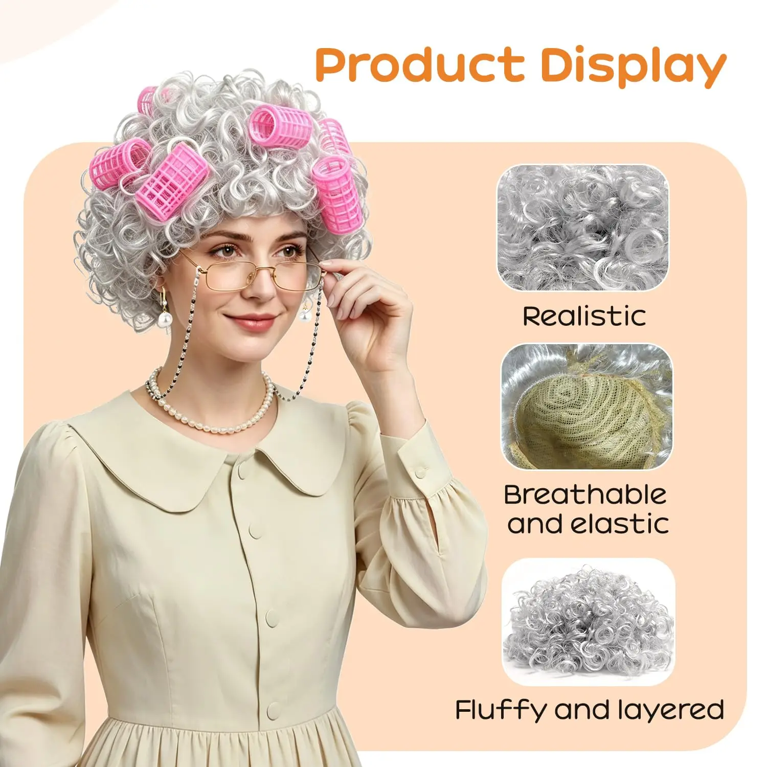 Old Lady Wig Costume for Women, 5 PCS Kids 100 Days of School Grandma Wig Costume Halloween Girls Adults Cosplay Accessories Set 4