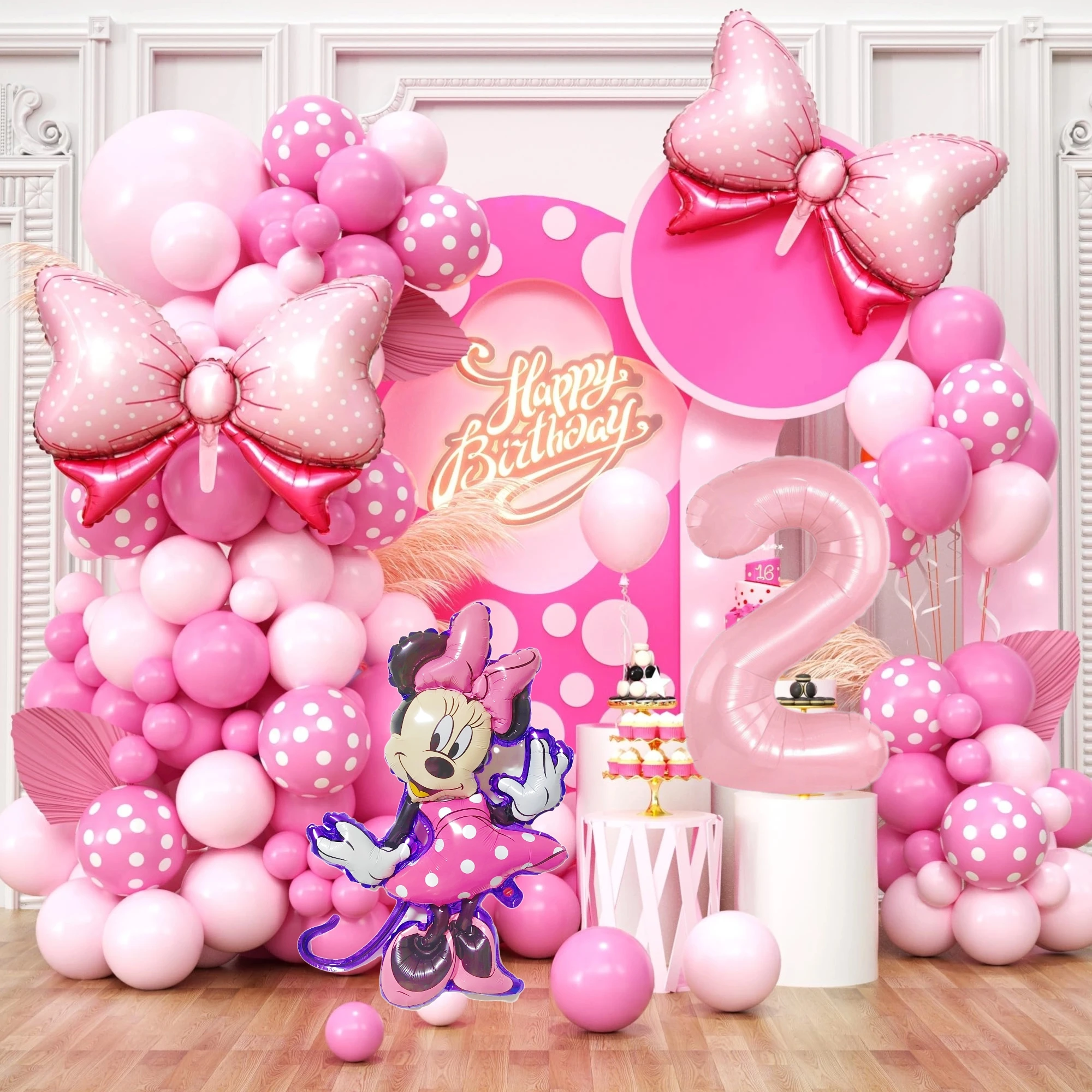 120PCS Minnie Mouse 40 inch Pink Bow Aluminum Mold Balloon Garland Arch Set Girls Princess Birthday Party Baby Shower Decoration