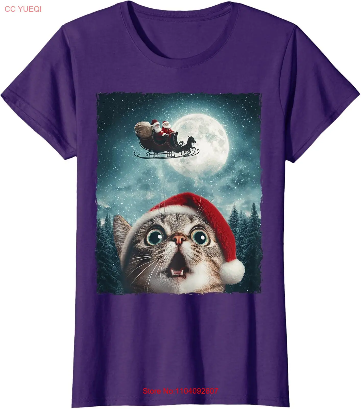 Funny Cat Selfie Santa Moon Xmas Christmas Ladies' Crewneck T-Shirt