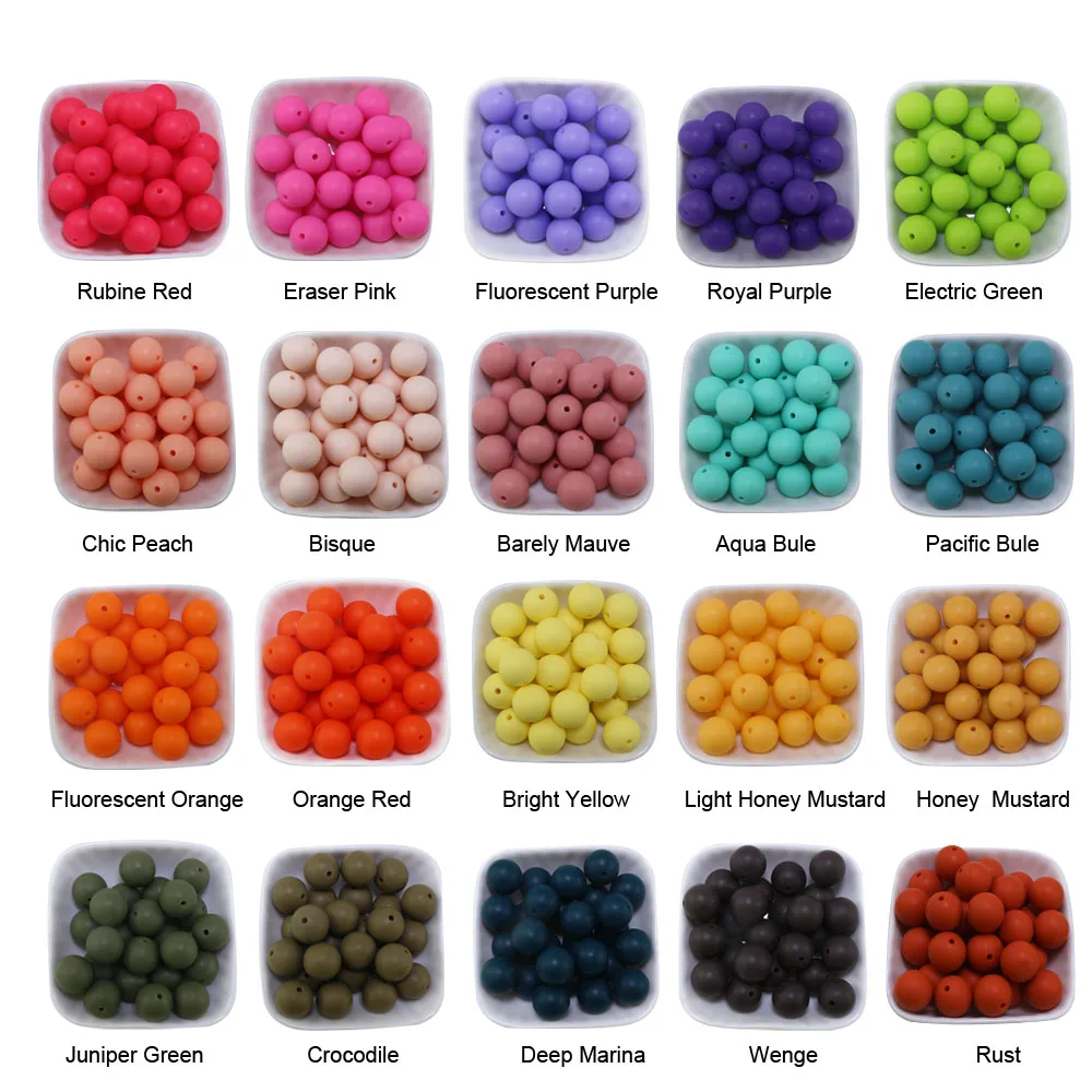 50Pcs/Lot New Colors Honey Mustard 12MM 15MM Silicone Beads Loose Round Baby Chew Ball For Pens Making Jewelry Pacifier Keychain