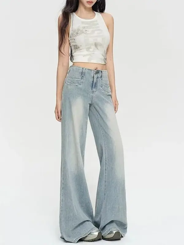 Light Wash High Waist Bell Bottom Denim Jeans Women's Autumn New American Style Pocket Design Hip Concealing Wide Leg Pants