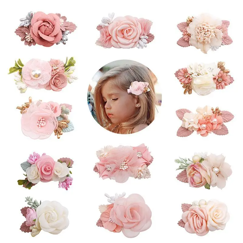 1pcs Baby Girls Artificial Flower Handmade Hair Clip Sweet Pink Hairpins Safe Clips Headwear Decorate Hair Accessories