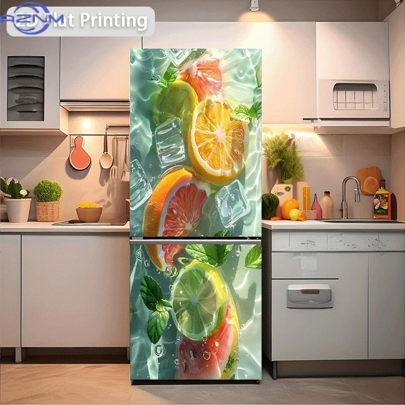 1pc 2D Flat Design Refrigerator Sticker, 60×180cm, Citrus Slices in Water with Mint Leaves and Ice Cubes, Self-Adhesive Wall D