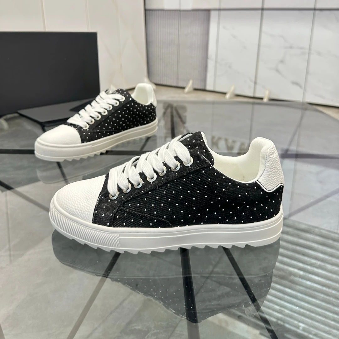 Mixed Toe Cap Lace‑up Thick Serrated Sole Skate Board Shoes Walking Footwear Luxury Unisex Distressed Denim Casual Sneakers