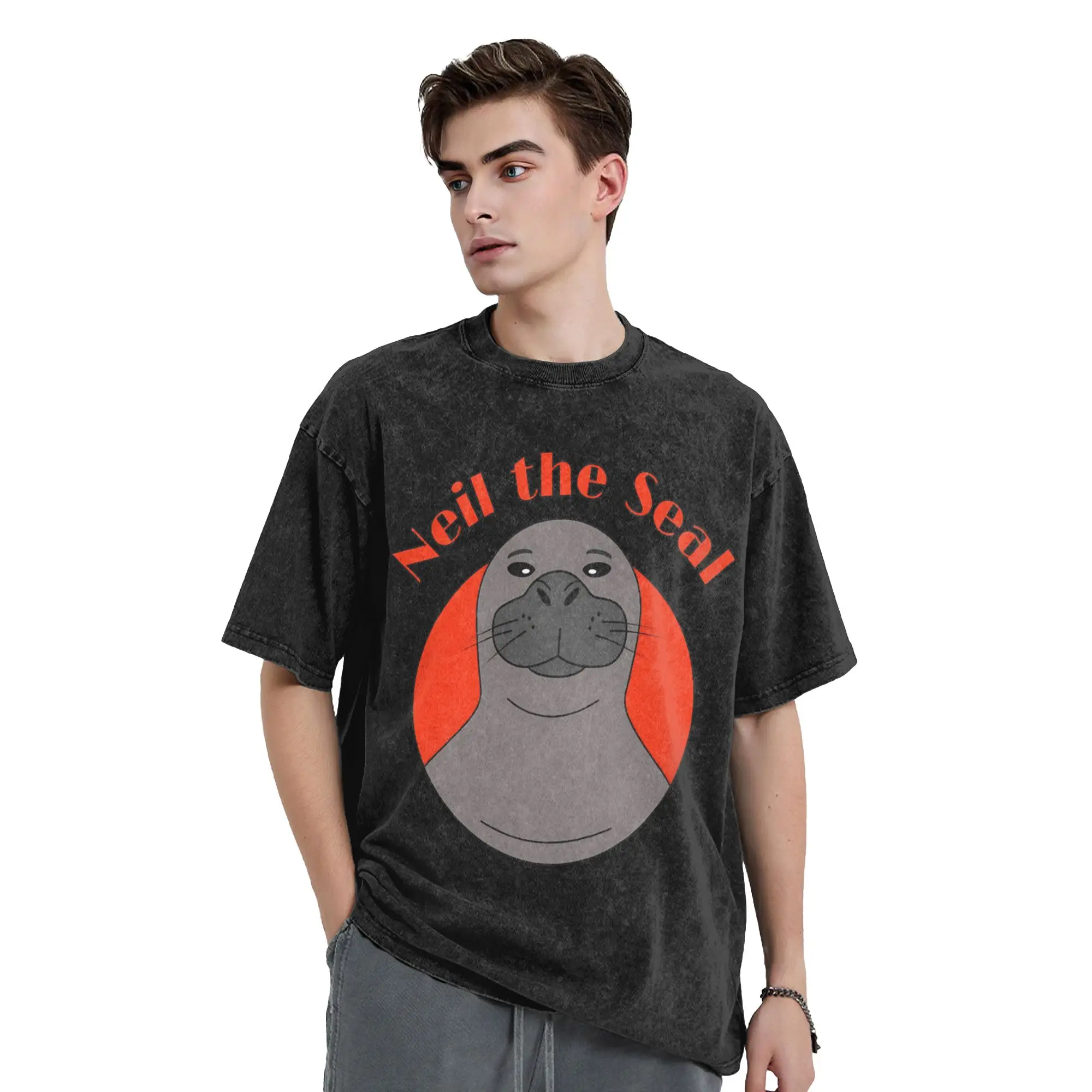 Neil The Seal T Shirts Hip Hop Washed Cotton High Street T-Shirts  Casual for Men Women Tops Streetwear Graphic Printed Top Tees