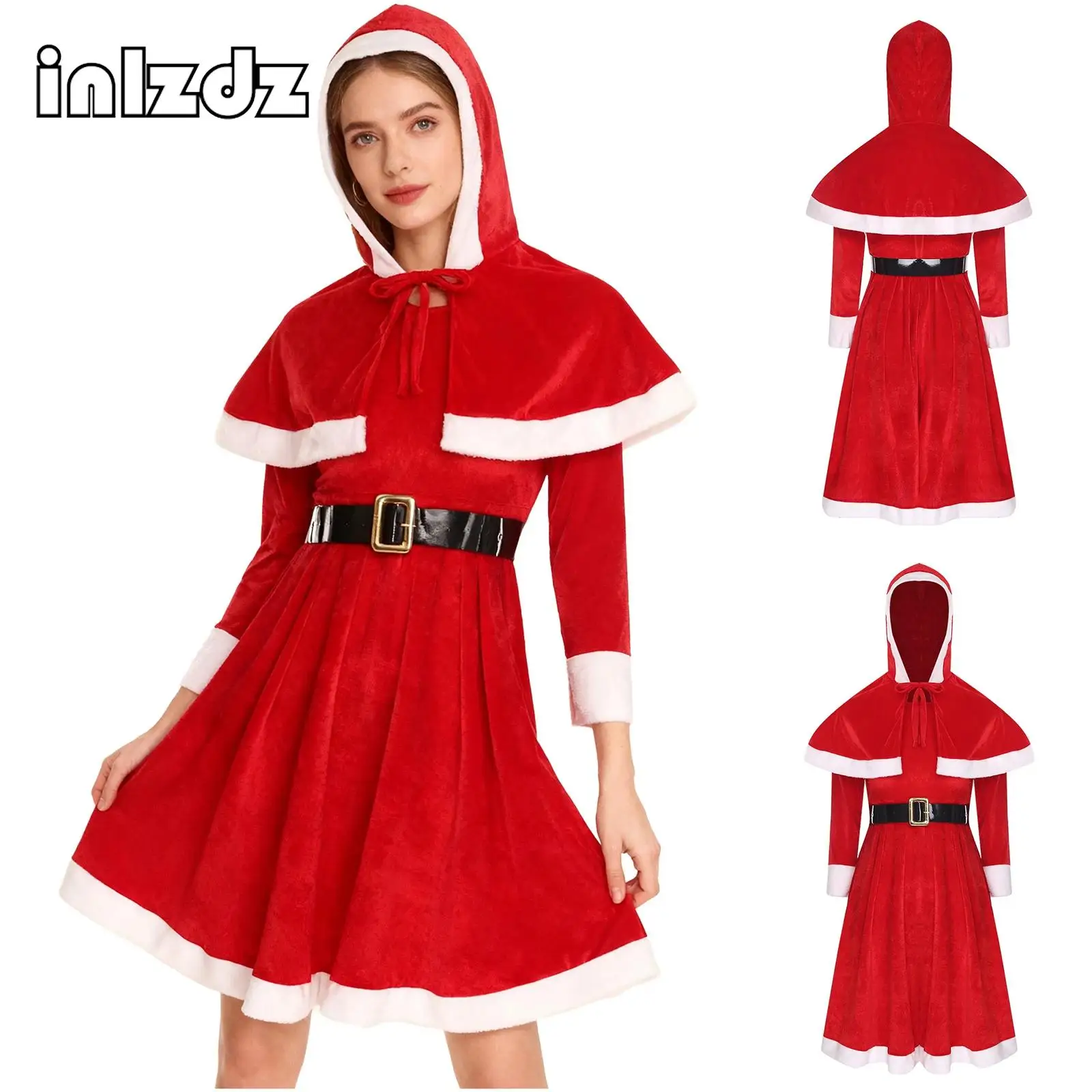 

3Pcs Womens Christmas Mrs Santa Cosplay Outfit Long Sleeve A-line Velvet Dress+Waist Belt+Hooded Cape Set for Xmas Holiday Party
