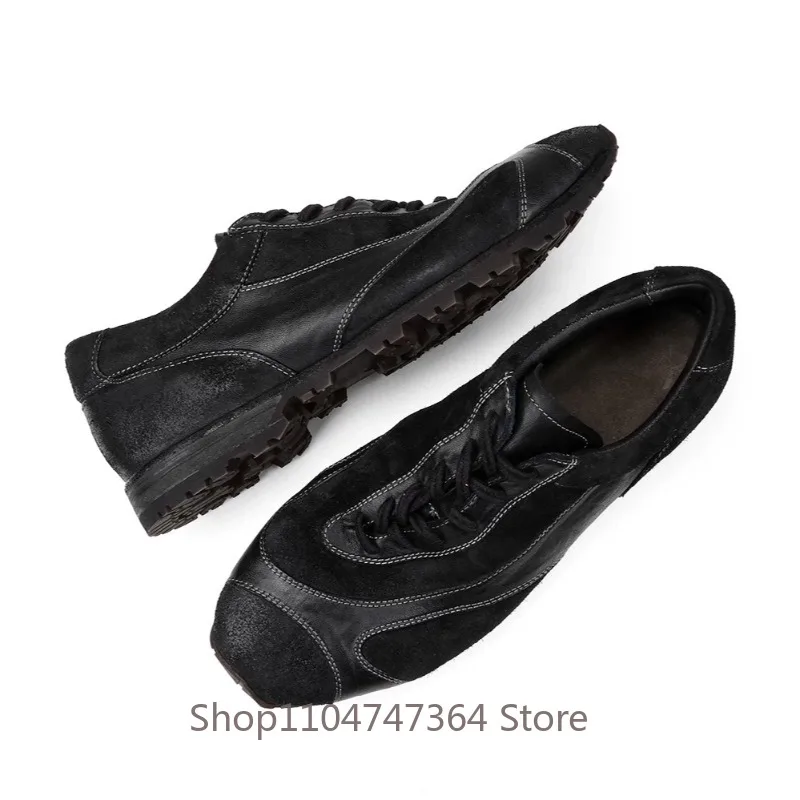 Designer Luxur Cow Leather High-end Black Retro Casual Sports Hiking Training Shoes Men's Genuine Leather Lace-up Sneakers Male