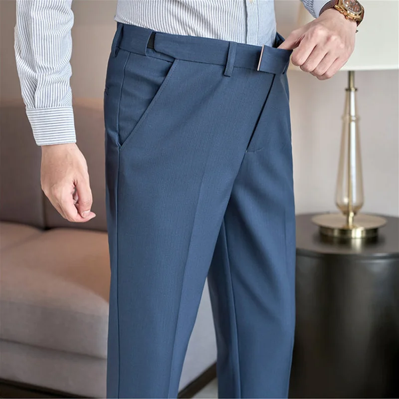 High Quality Hidden Elastic Waistband Metal Decorative Design Casual Pants Fashion Striped Slim Fit Office Social Men's Trousers