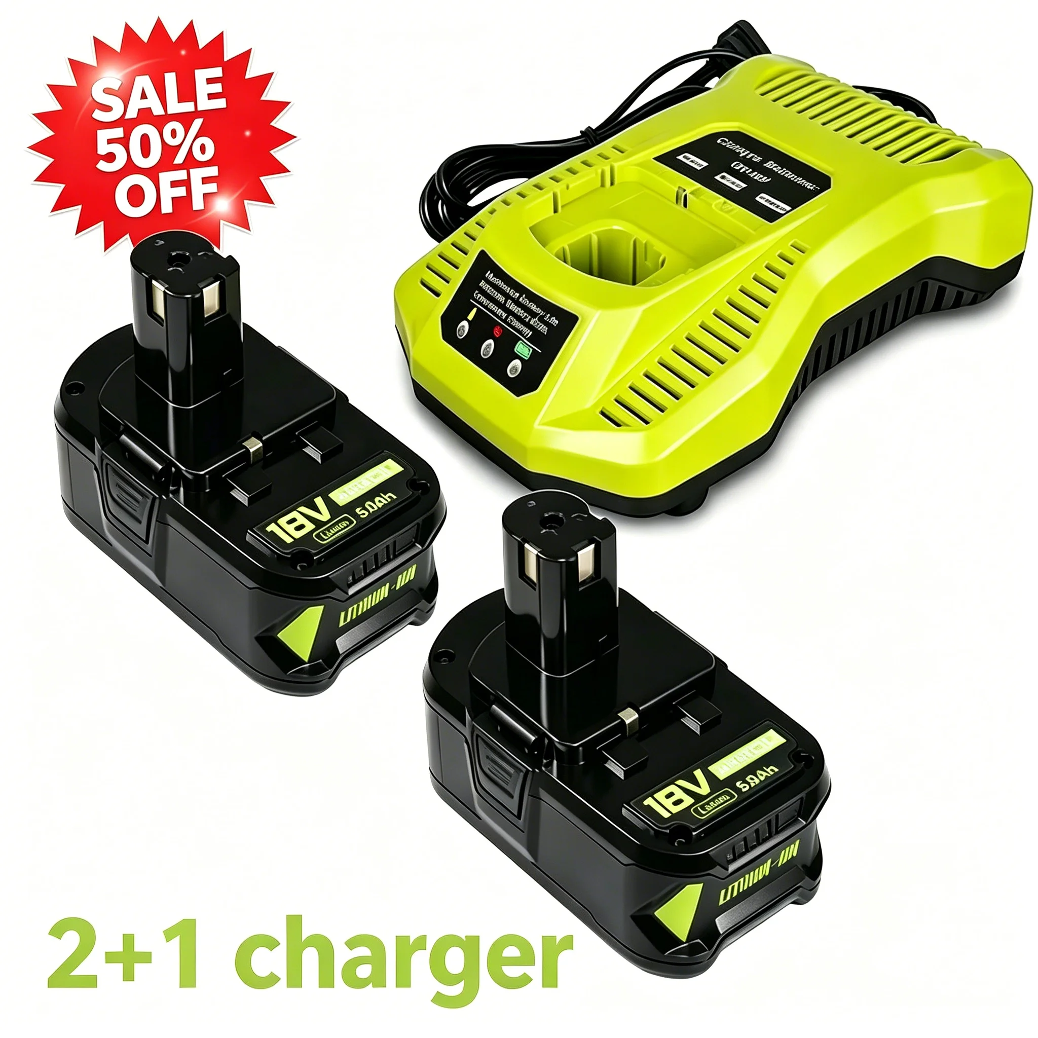 

AERDU 5.0Ah Battery 2-Pack with Charger for Ryobi 18V ONE+ Tools, Real Capacity 5000mAh LED Indicator Li-ion Power Tool Battery