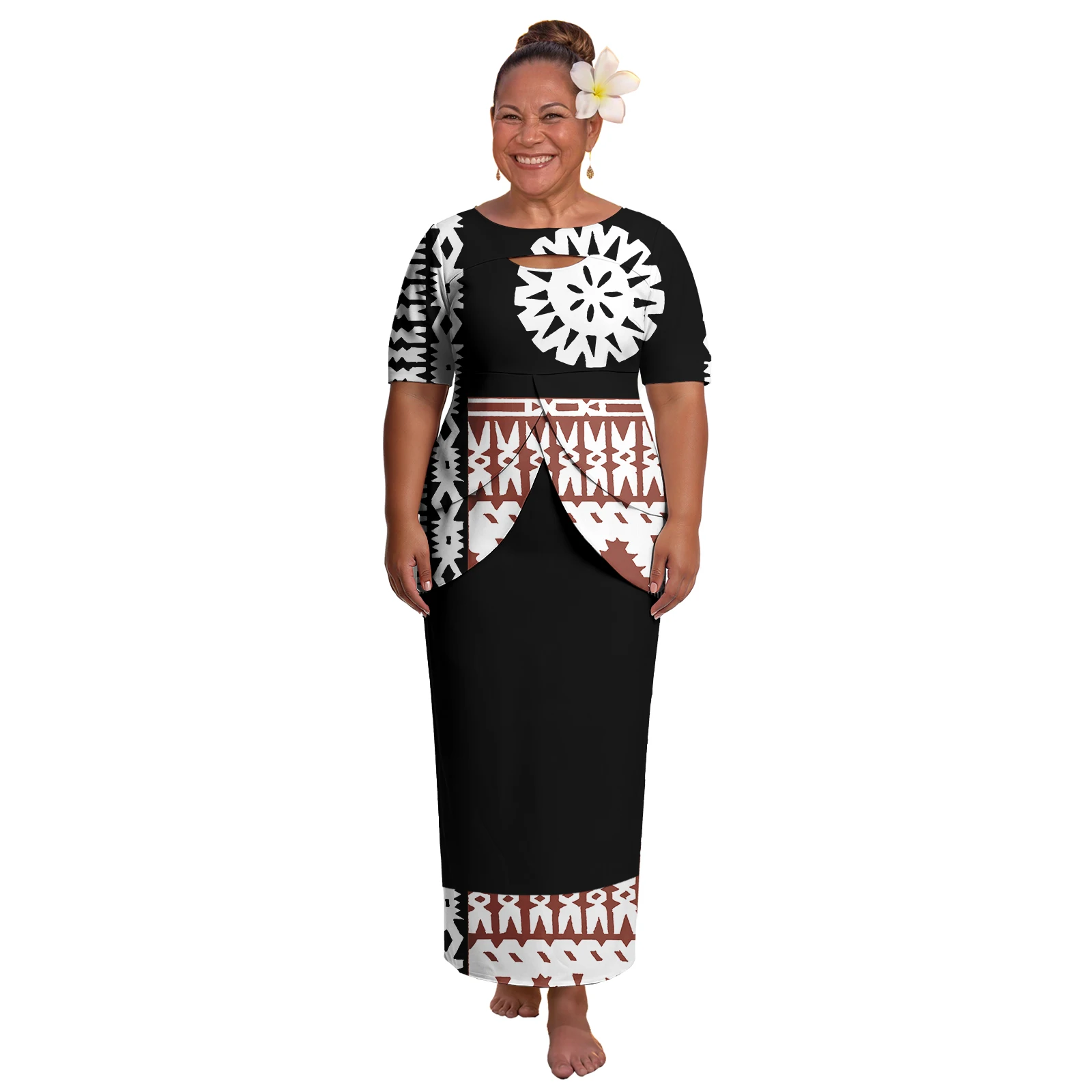 Lady Holiday Samoan Puletasi Casual Beach Popular Clothes Polynesian Women Double Layer Slit Top Puletasi Tapa Fiji Tribal Style
