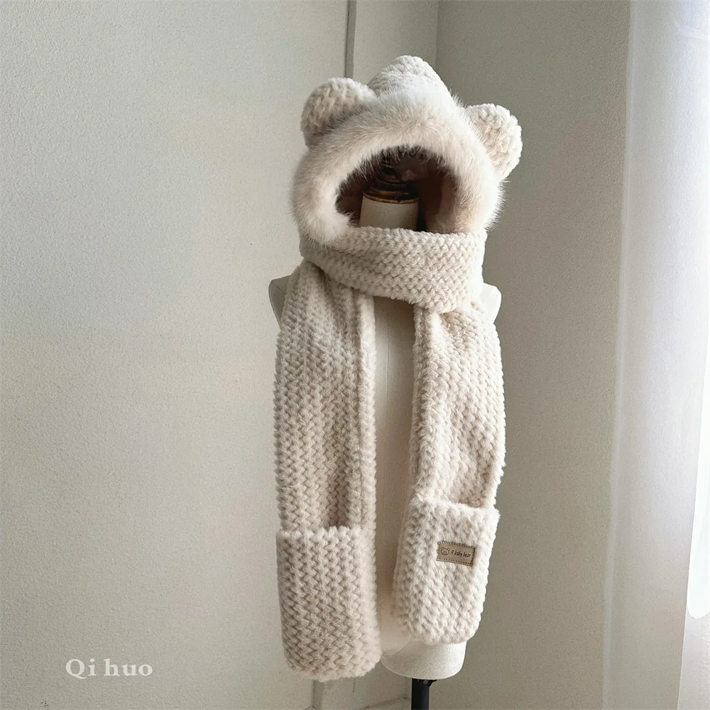 Gorro de punto esponjoso para niña, bufanda, guantes, gorro de tres piezas, babero de felpa cálido, tobogán ruso, Invierno