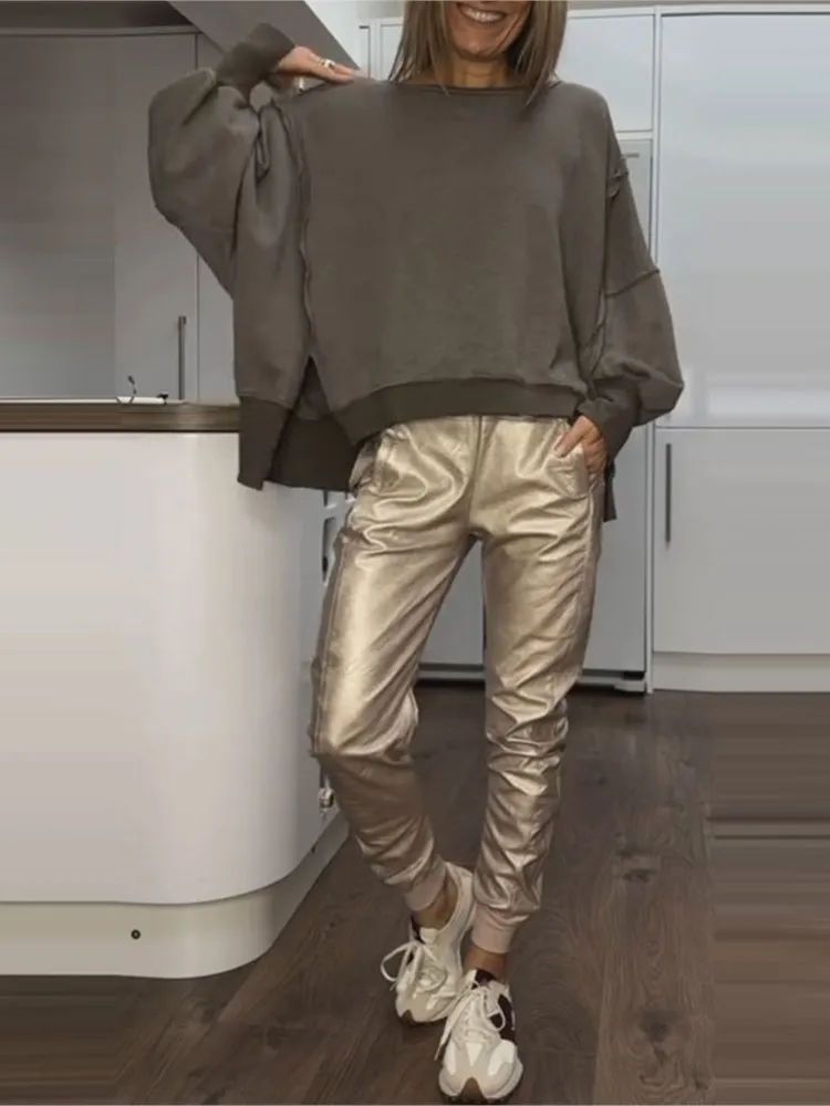 

Women's Fashion Loose O Neck Side Slit Top Two Piece Sets Sprinm Autumn Solid Color Ladies Casual Suit Female Street Clothing