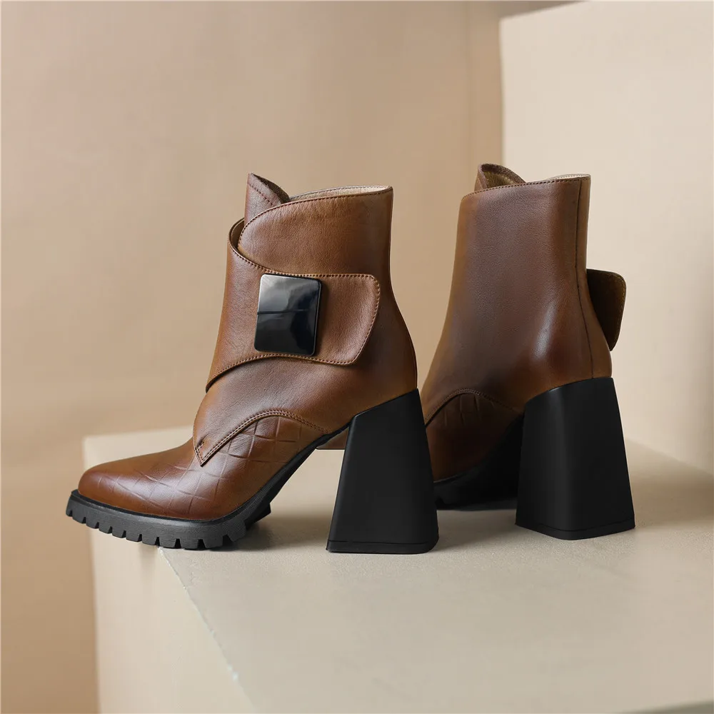 MILI-MIYA Fashion Pointed Toe Thick Heels Solid Color Women Full Genuine Leather Ankle Boots Hook Loop Handmade For Ladies