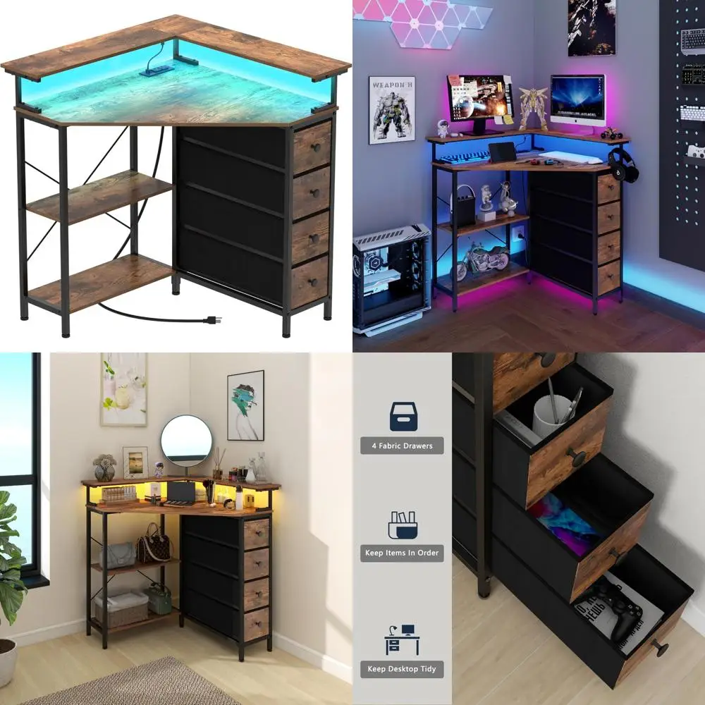 مكتب زاوية مدمج 90 درجة مع إضاءة LED وأدراج ومنافذ طاقة للألعاب والمساحات الصغيرة #1