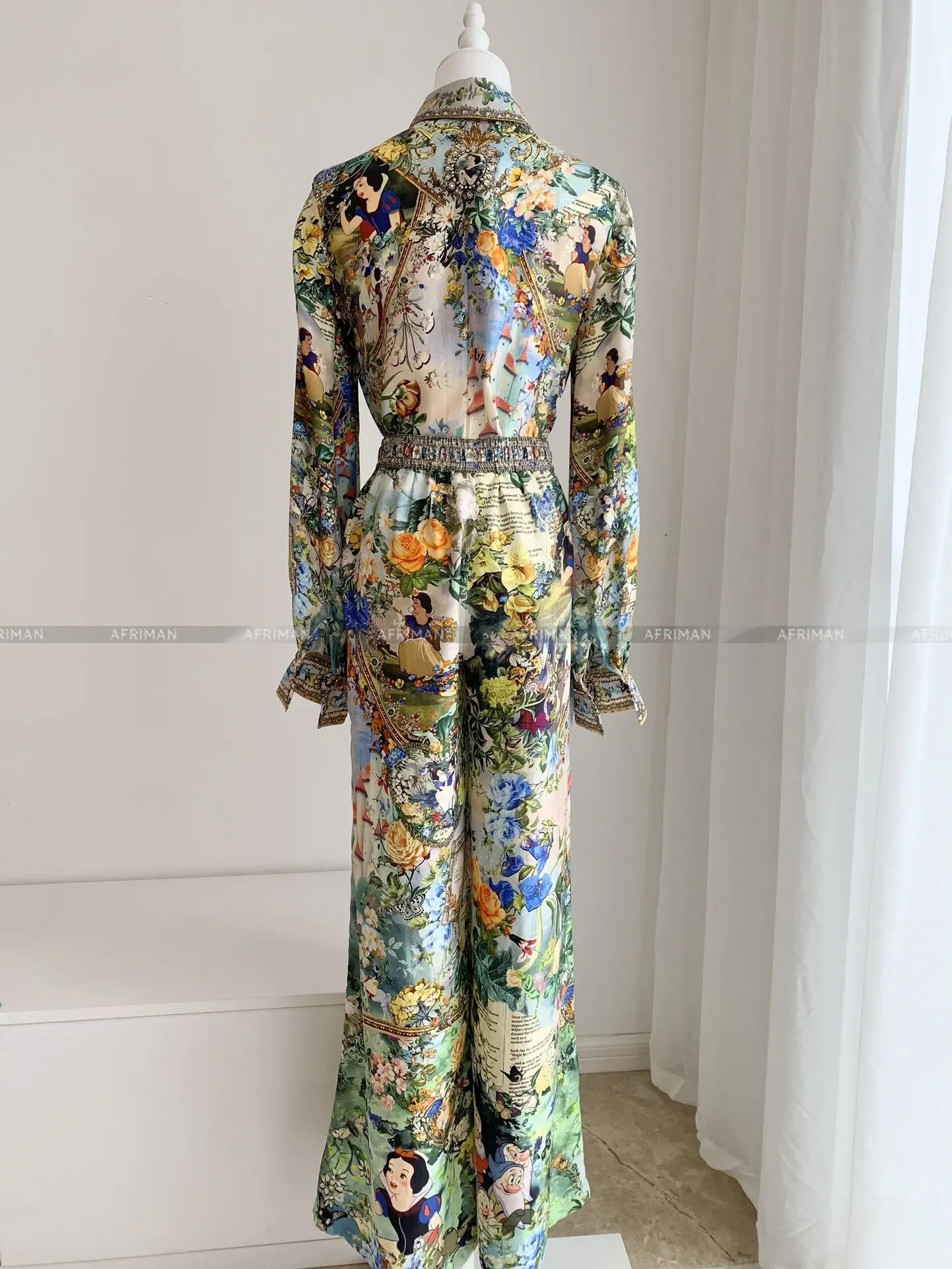 2024 Cartoon Print Heavy Beaded Silk Shirt+ Elastic Waist Wide Leg Long Pants Set