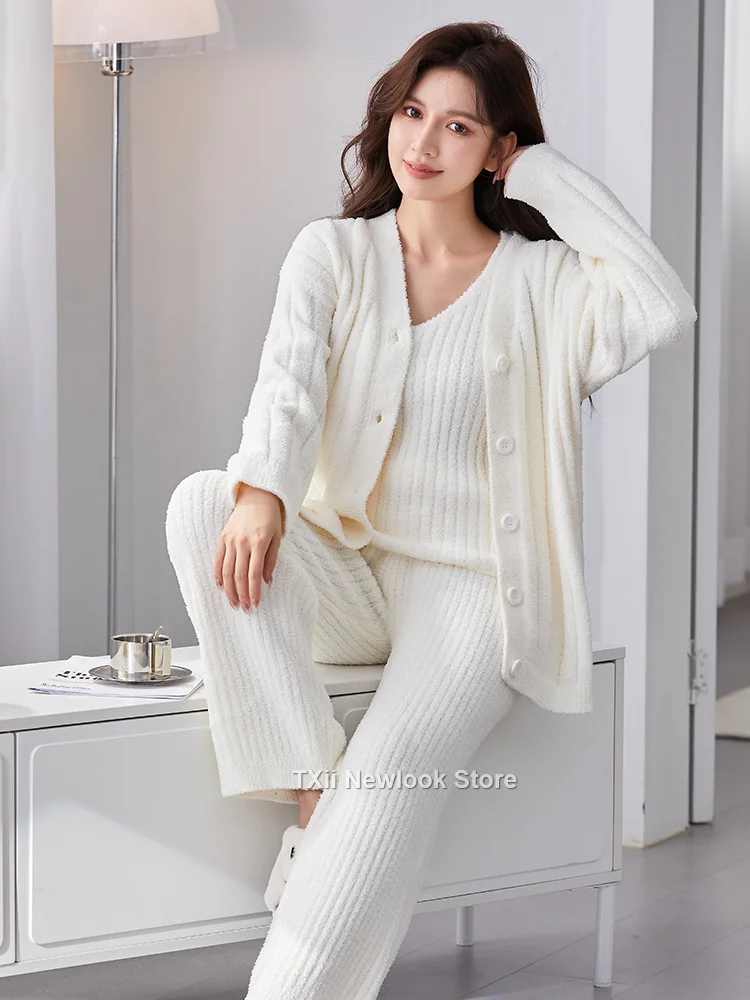 Pajamas Women\'s Winter New Half-side Velvet Three-piece Set Sling Nightgown Pants Thickened Internet Popular Style Home Clothes