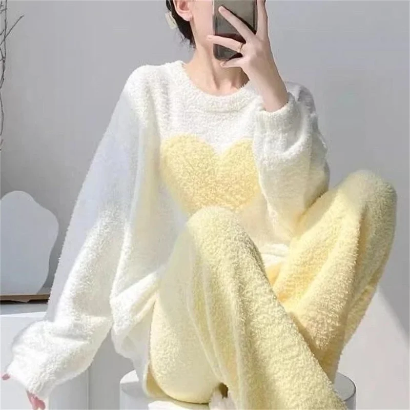 Spring Autumn Women's Warm Pajama Set Fashion Casual Coral Fleece Sleepwear 2PCS Female Pullover Flannel Velvet Homewear Suits