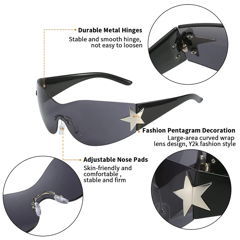 Punk Star Decoration Fashion occhiali da sole per donna uomo Y2K Rimless One Piece occhiali da sole UV400 Goggle Eyewear Moto equipment