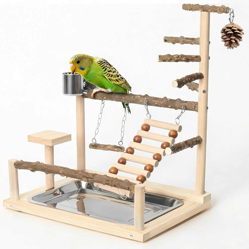 wooden-bird-play-stand-natural-wood-parrot-playground-with-ladder-swing-feeding-cup-cage-top-training-gym-perch-for-parrots