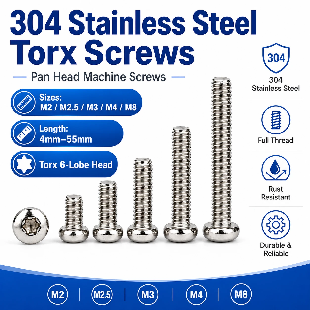 5-100Pcs M2-M8 304 Stainless Steel Star Drive Six-Lobe round Head Bolts Corrosion Resistant Hardware Fastener Kit for Durable Fi
