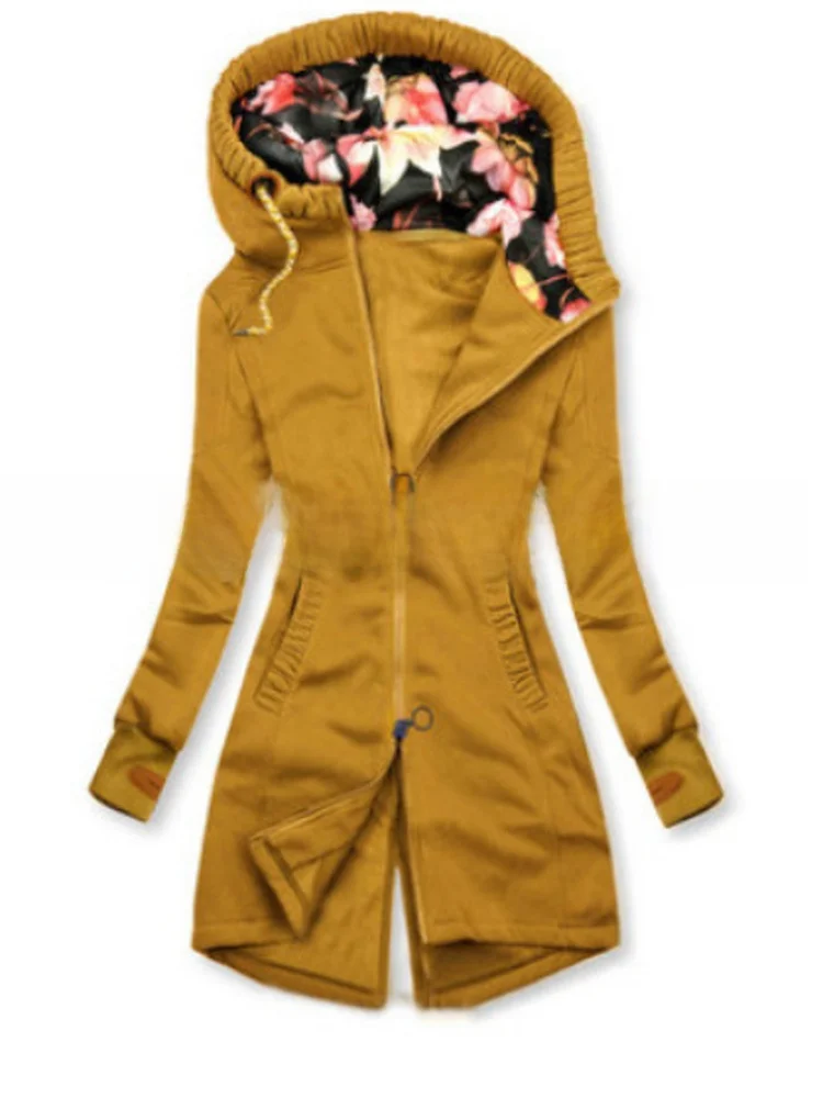 Casual Hooded Slim Fit Fashionable Autumn Winter Coat Women's Long Sleeve Zipper Closure Cotton Polyester Blend Outerwear