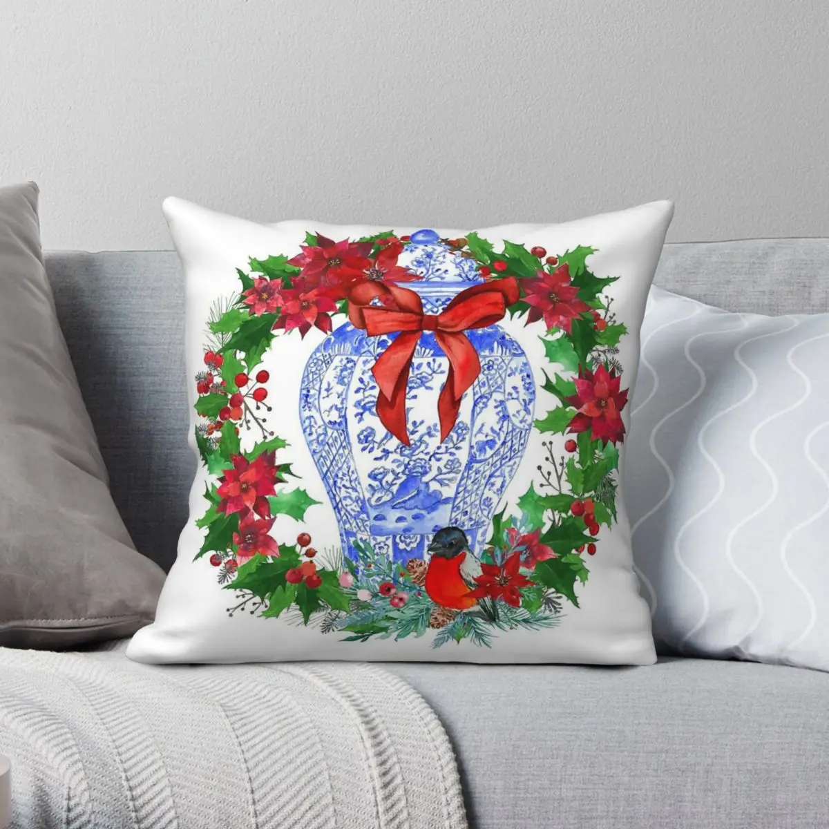 Ginger Jar Porcelain Chinoiserie Poinsettias Wreath Pillowcase Polyester Linen Velvet Printed Decor Throw Pillow Cushion Cover