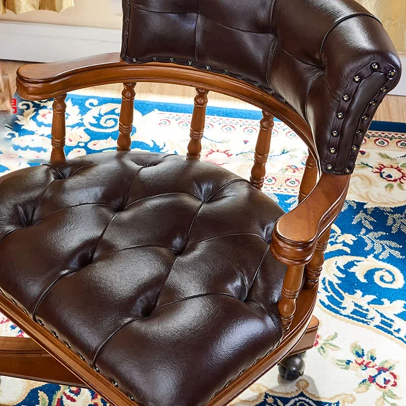 Modern Wood Study Chair Genuine Leather Upholstered Computer Desk Chair Ergonomic Swivel Student Chair for Home Office Library