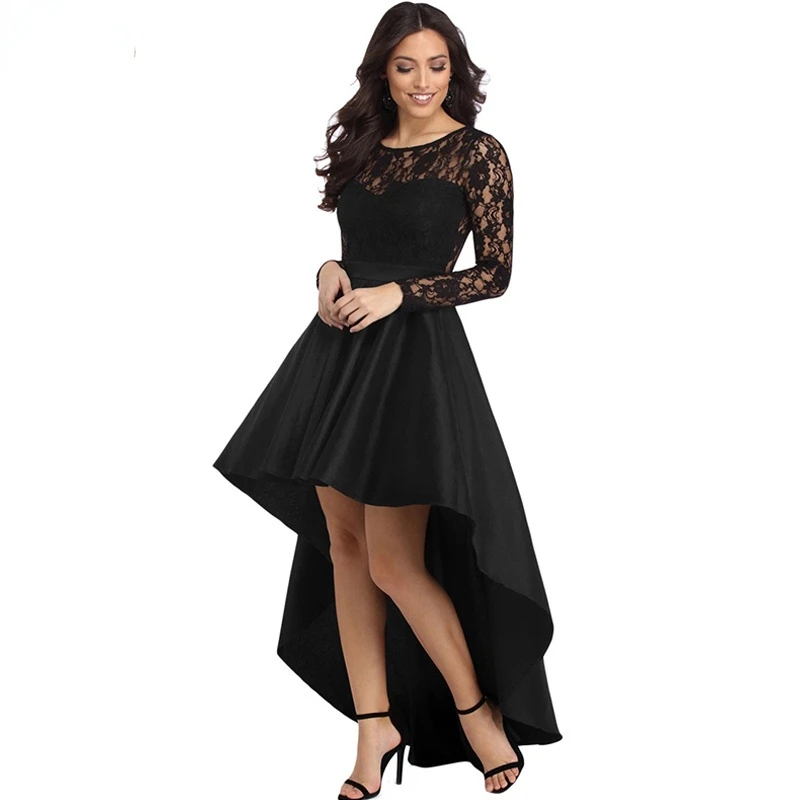 Neue Frühjahr Elegante Kleider für Frauen Lange Hülse Spitze High Low Satin Prom Abendkleid Cocktail Party Kleider Vestido Feminino