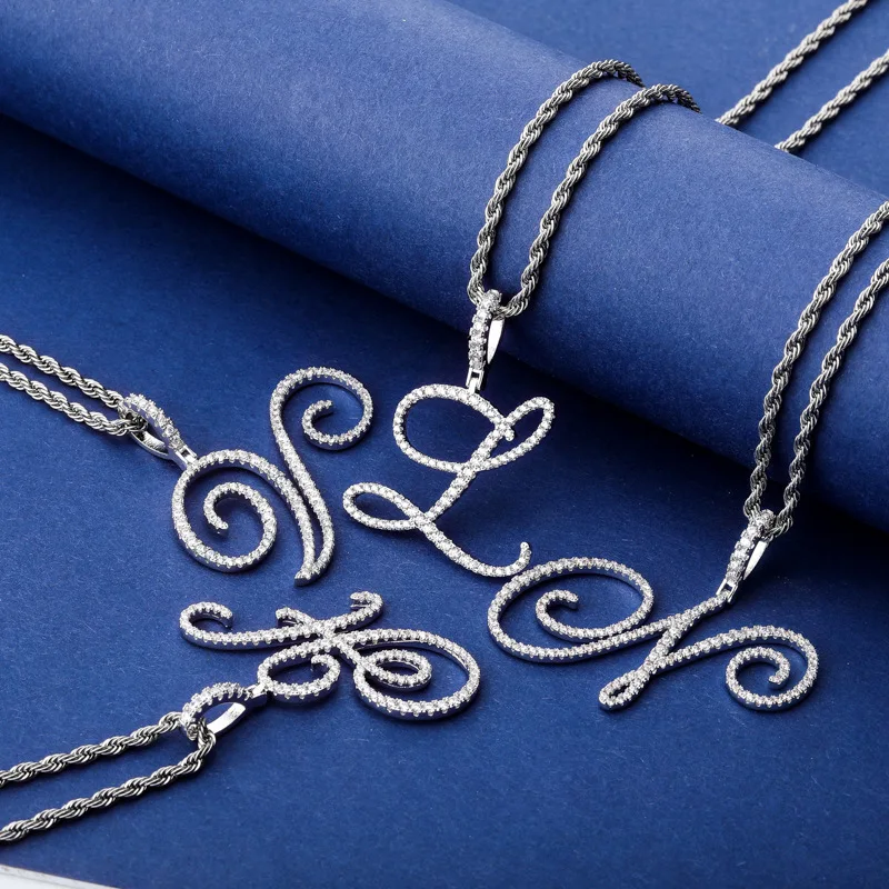 Cursive Script Art‑Font 26 A‑Z Letter Pendant Iced Out CZ Vintage Hip Hop DIY Splicing Unisex Necklace Jewelry Wholesale