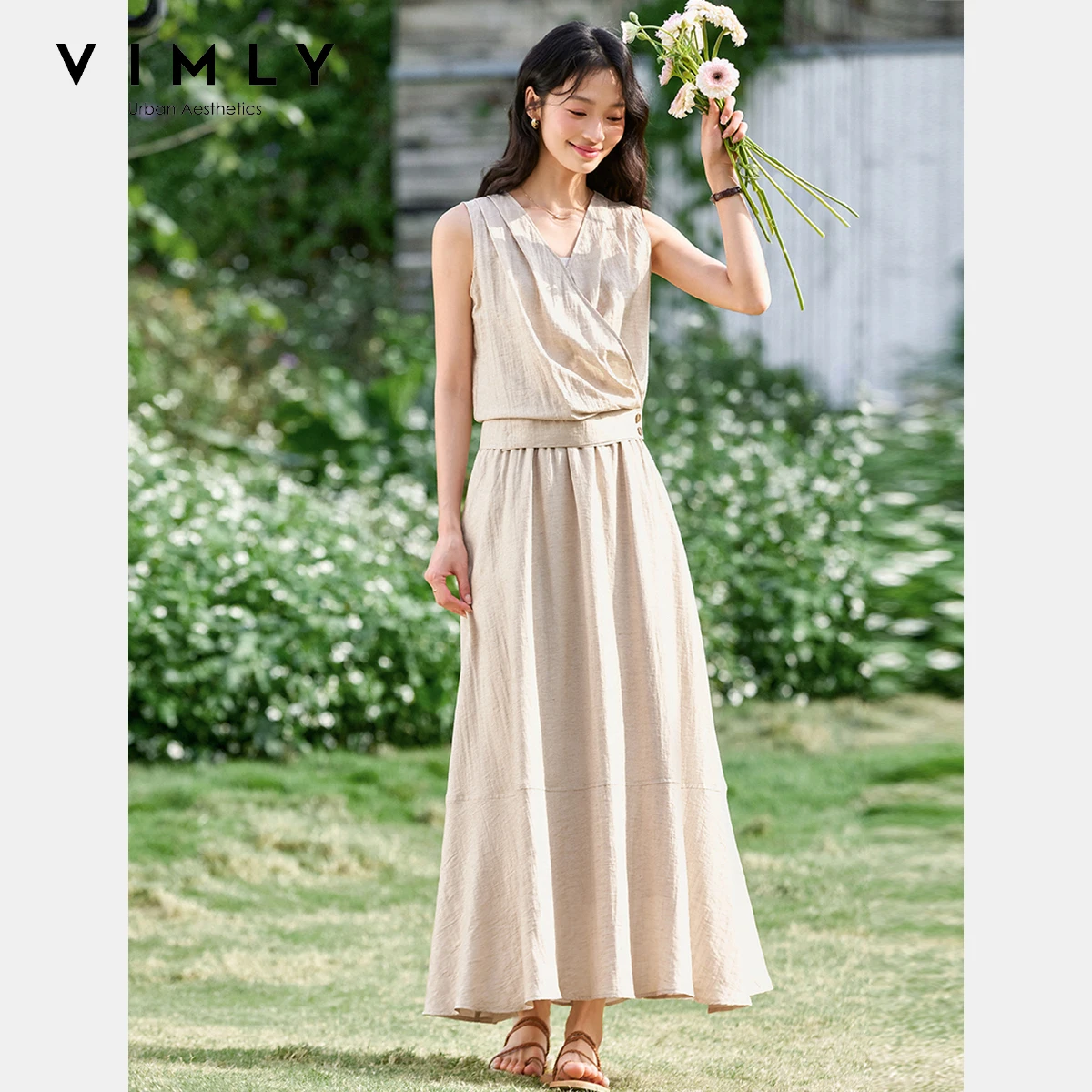 

VIMLY Women Summer Linen Skirt Sets 2025 woman outfit Minimalist Irregular Sleeveless Top Long Skirts Female Clothing Sets A1200