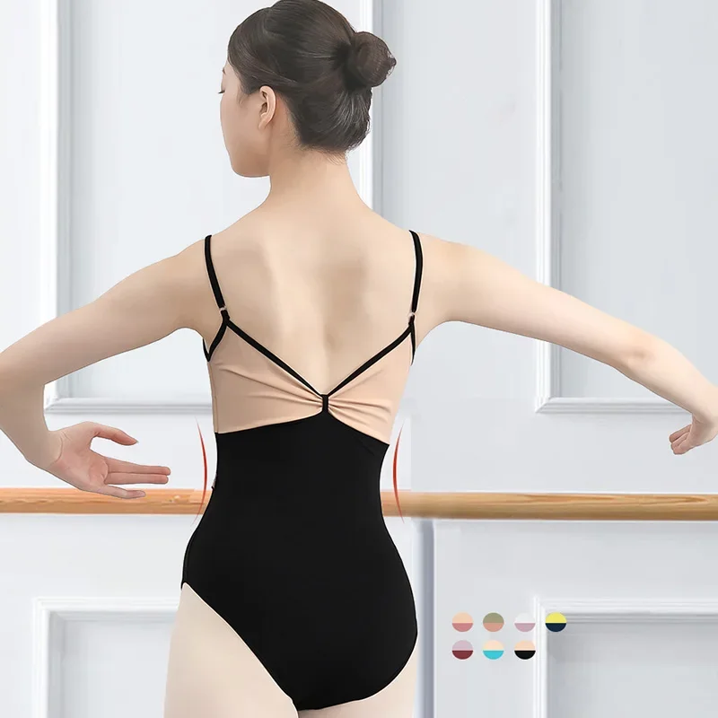 Women Ballet Leotard Patchwork Color Gymnastics Leotards Ladies V-neck Backless Bodysuit Dance Costume Adult Yoga Dancewear