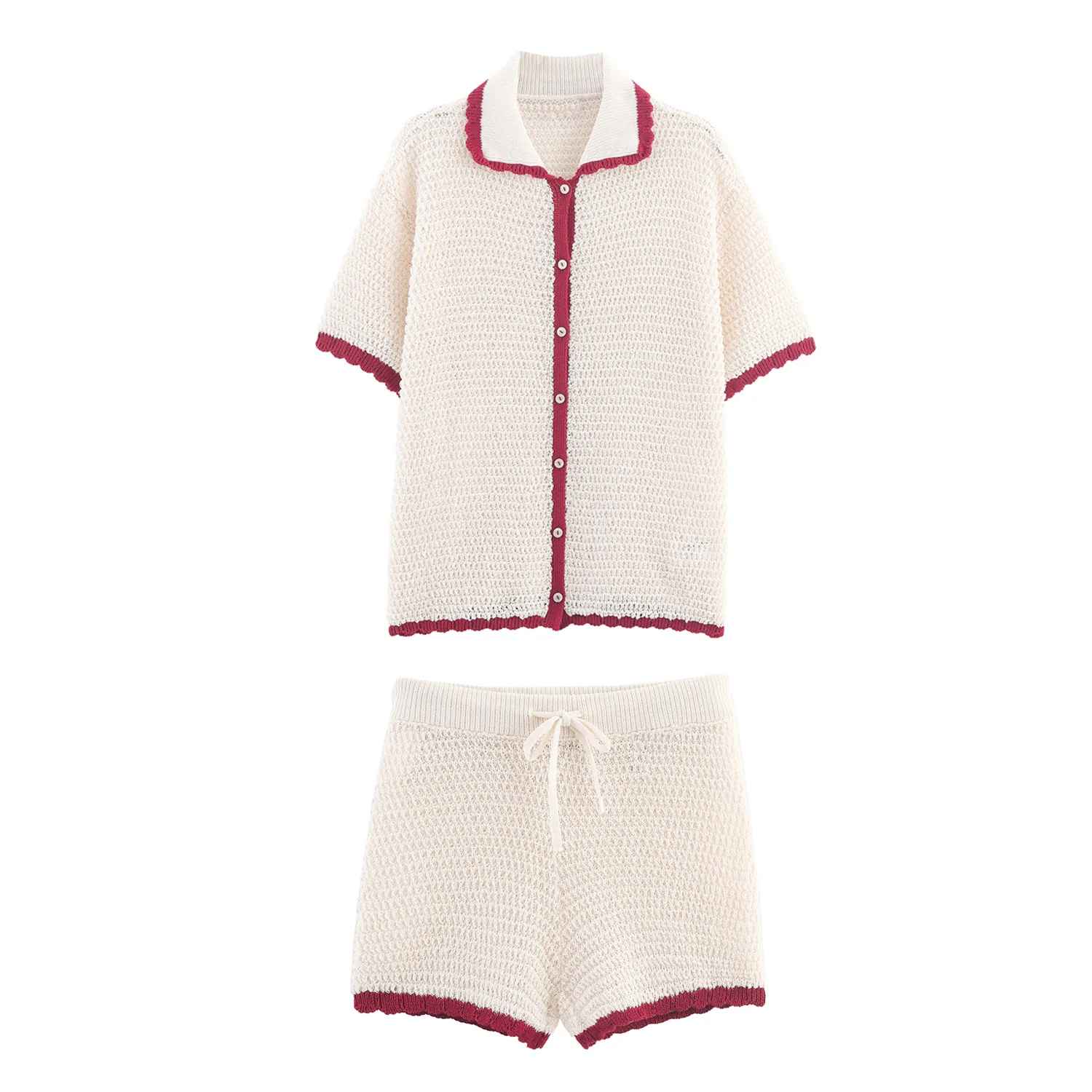 

New Fashion Casual Short Sleeve Turn-down Collar Single Breasted Knitted Patchwork Slim Fit Shirt + Drawstring Shorts Sets