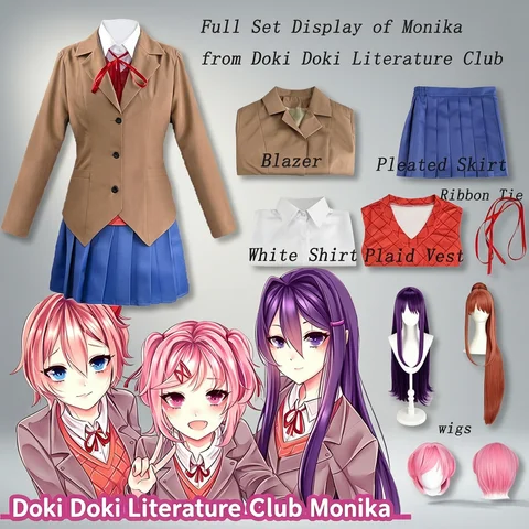 Game Doki Literature Club Natsuki Cosplay Sayori Yuri Monika Cosplay Costume Wig Set School Uniform Girl Women Costumes
