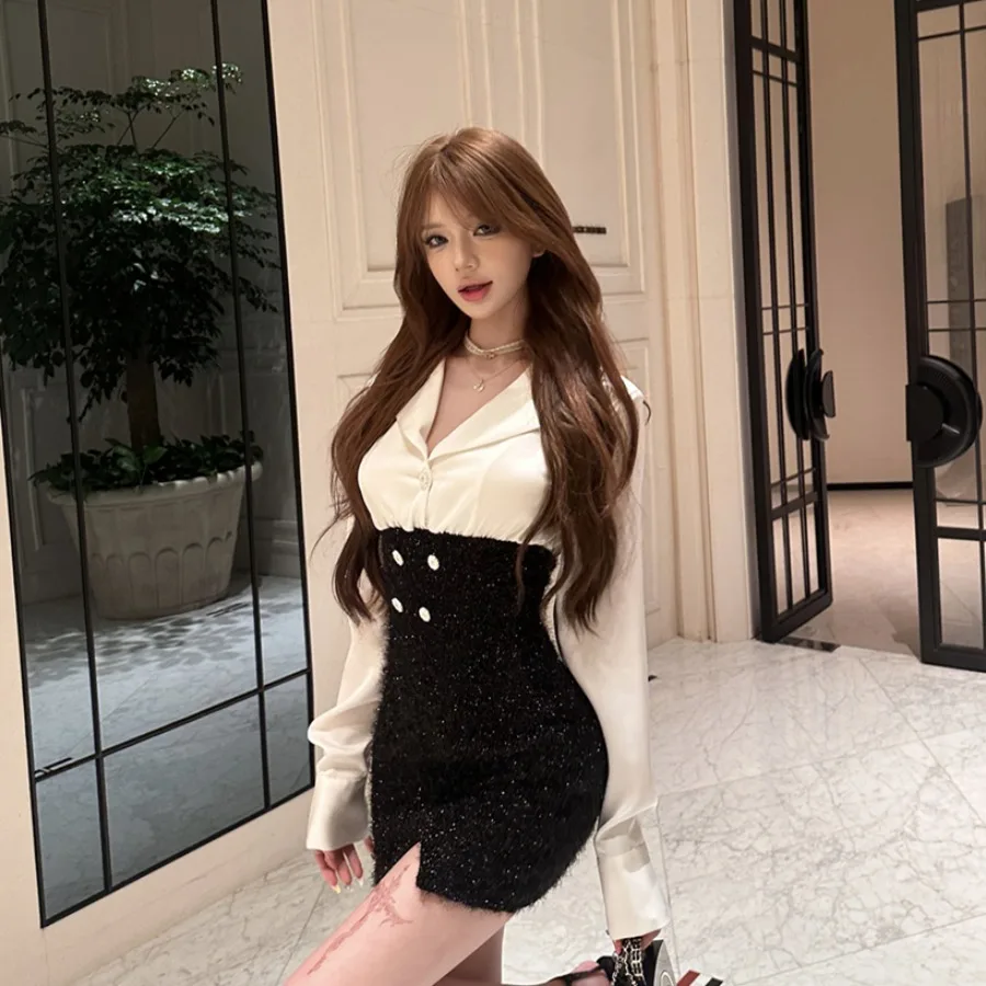 Sexy cintura alta iny satén irt Dr falso falda ortopé de dos piezas ajuste y llamarada V-Ne largo Sve mujer Otoño Invierno nuevo...