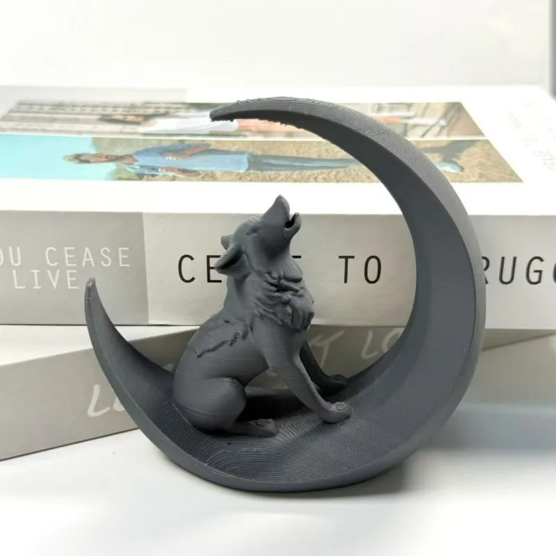 3D-gedruckter Wolf und Mond, hohe ästhetische kreative Schreibtischdekoration, Büro, Tischplatte, Mini-Skulptur, modernes Zuhause, Desktop-Ornament, Geschenk