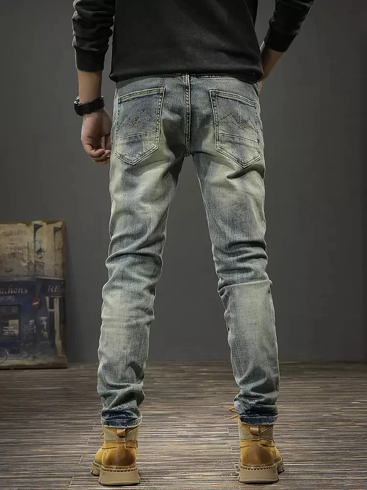 Italian Style Fashion Men Jeans Retro Stretch Slim Fit Ripped Jeans Men Elastic Trousers Vintage Designer Denim Pants Hombre