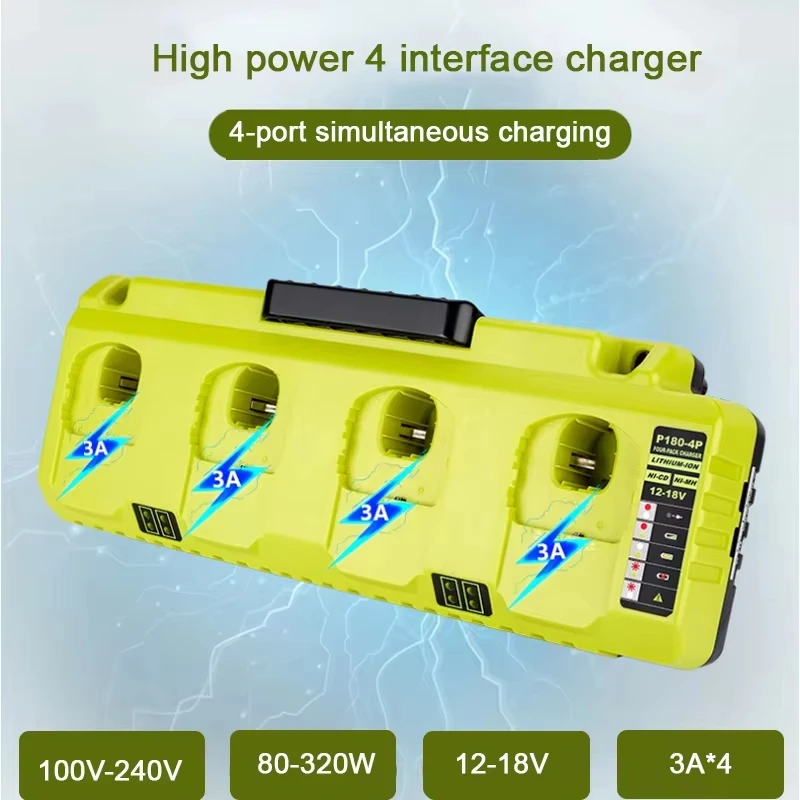 

4 ports Replacement Charger for Ryobi NiCD NiMH Li-ion 12V 14.4V 18V Battery P107 P108 P108 ONE+ P110 fast charging 3A*4