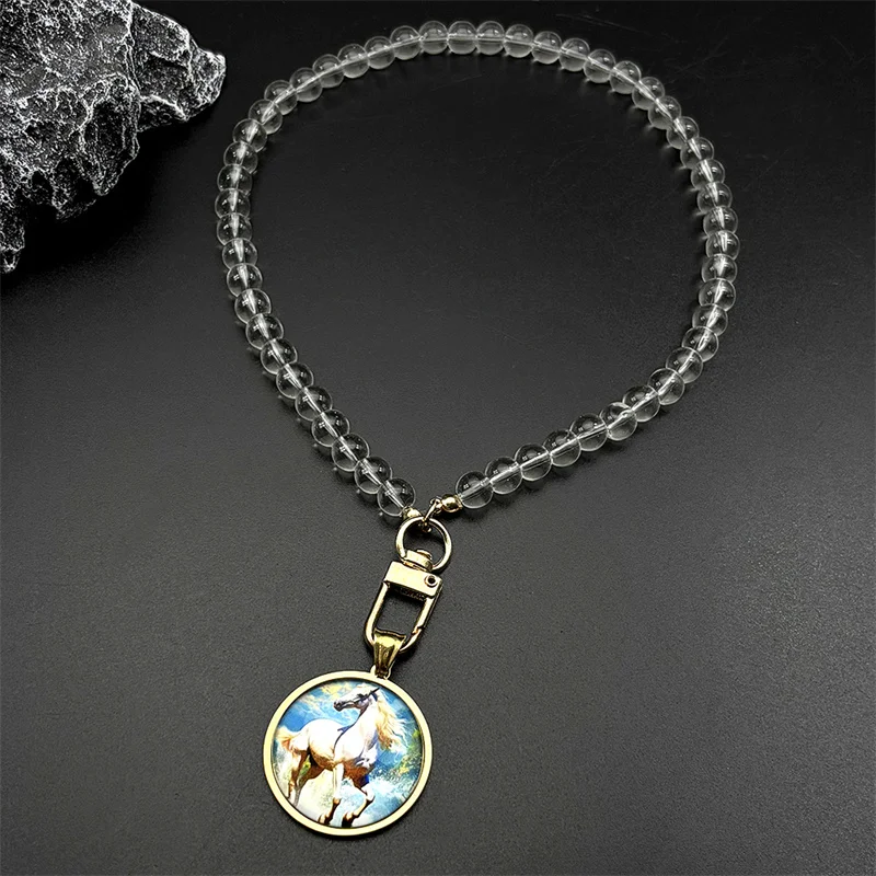 أنيقة الأبيض الحصان قلادة قلادة للنساء الرجال الفولاذ المقاوم للصدأ ميدالية الحيوان المهر المراعي الزجاج الخرز سلسلة مجوهرات هدايا