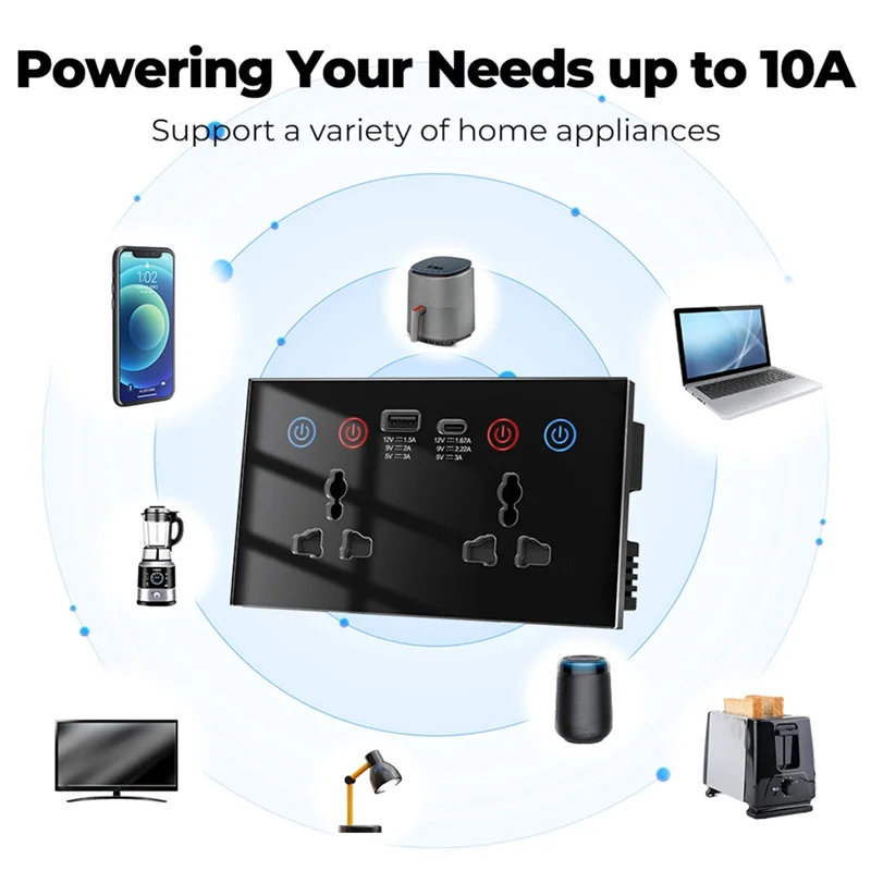 

ABAC-Tuya Wif Smart Socket USB Type-C Wall Outlet 4-In-1 Universal Electrical Power Plug Power Monitor Touch Switch