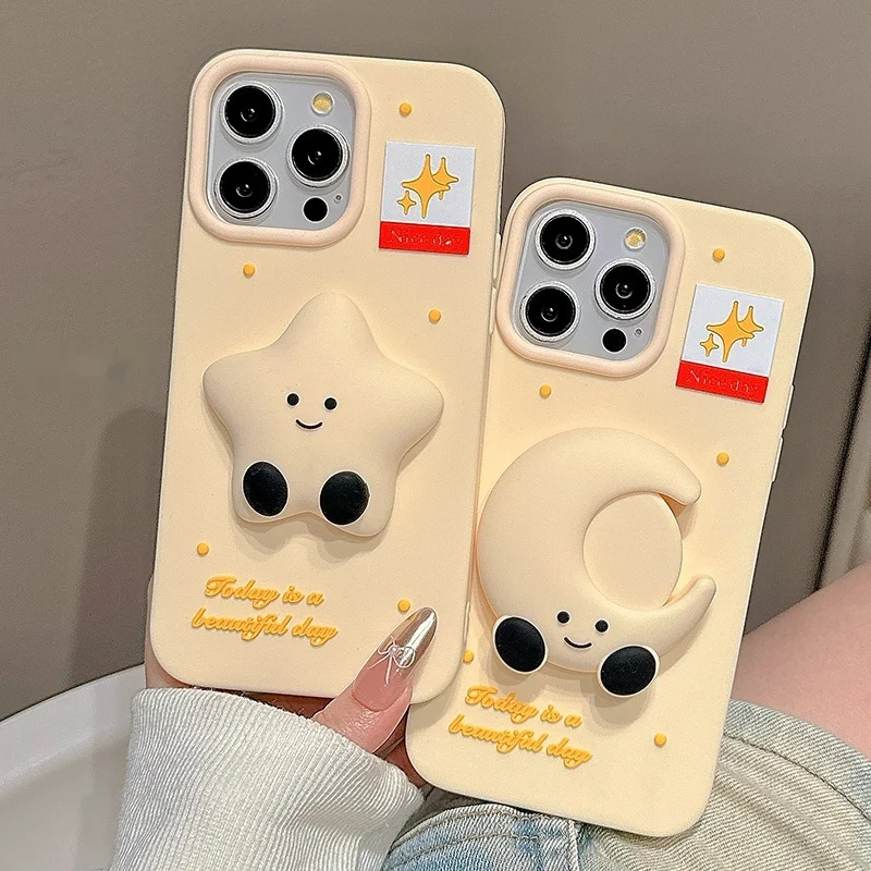 Kawaii Cartoon 3d Ster Maan 16promax Telefoon Casei Telefoon 15 Nieuwe 14pro 13 vrouwelijke 15pro Niche 12 All Inclusive Silicone Soft Case