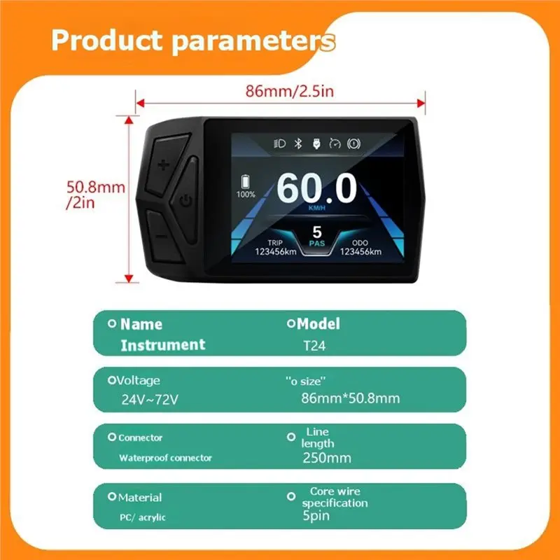 

E-Bicycle For Electric Bike 36V-72V LCD T24 Mini Color Display Waterproof Connector Display Accessory