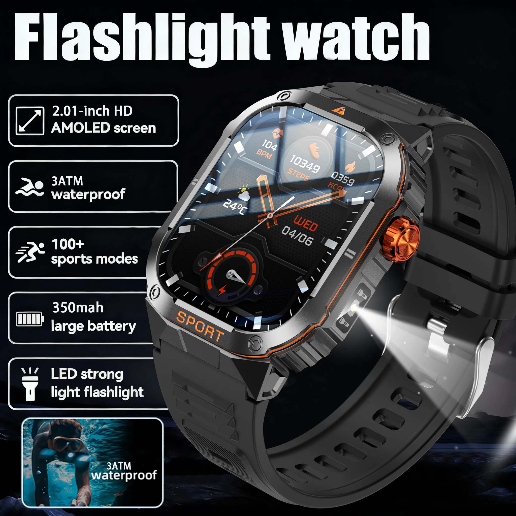 

2025 New Military 2.01 inch 350 mAh Battery Smart Watch 3ATM Waterproof LED Flashlight Heart Rate Sports tracker Smartwatch Men